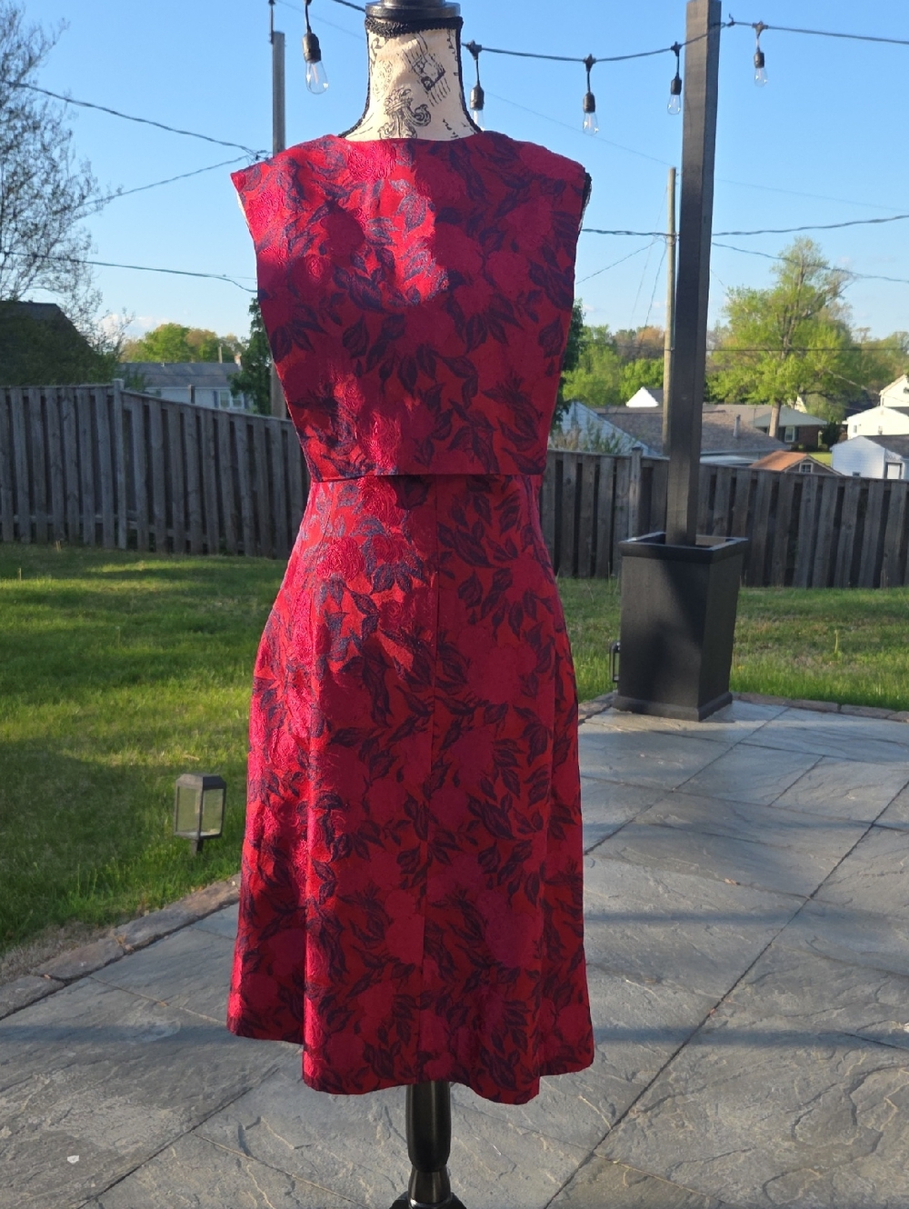Vogue Red Brocade Dress with Navy Leaf Motif